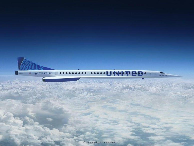 An illustration of the Overture supersonic airliner designed by the Boom Supersonic company of Denver, Colo. United Airlines announced it will purchase 15 of the planes for commercial passenger service.