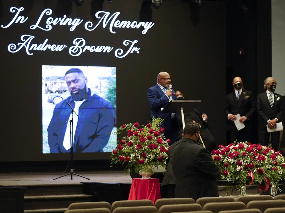 A photo of Andrew Brown Jr. is seen during his funeral, on May 3, in Elizabeth City, N.C. Brown was fatally shot by Pasquotank County Sheriff deputies trying to serve a search warrant.