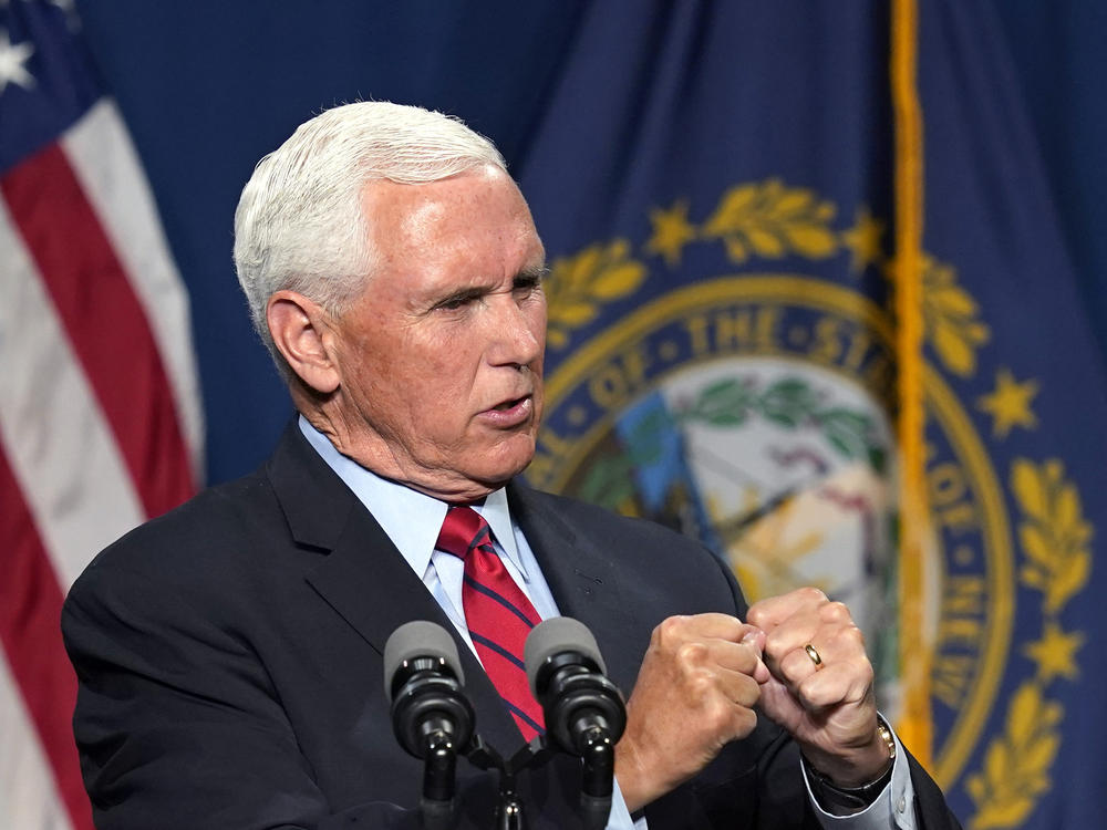 Former Vice President Mike Pence addresses the annual Hillsborough County Lincoln-Reagan Dinner on Thursday night in Manchester, N.H. He called Jan 6 
