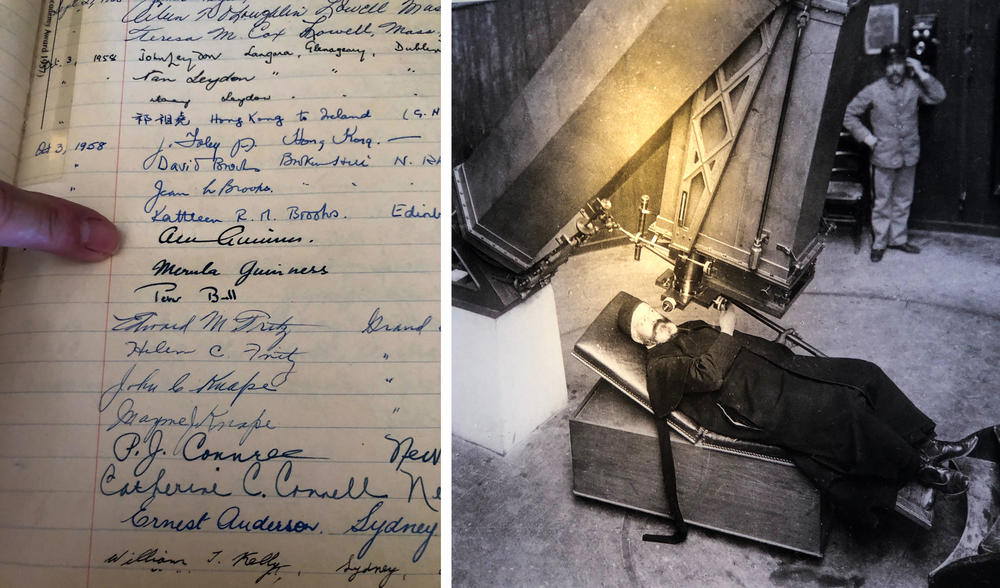 <strong>Left:</strong> A visitors' book signed by actor Alec Guinness in 1958. <strong>Right</strong>: A photo of a prelate decades ago reclining to view the telescope.