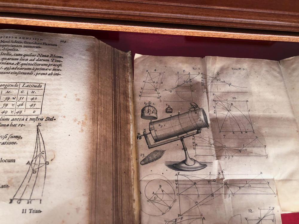 Astronomical text books in Latin are displayed at the Vatican Observatory.