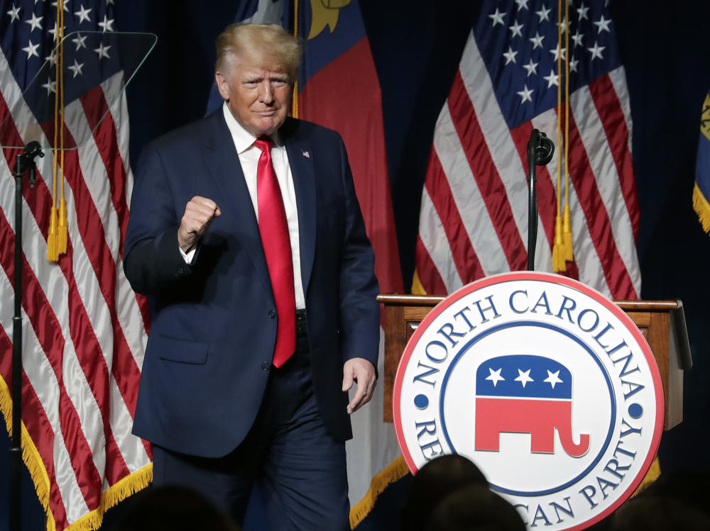 Former President Donald Trump hit many of the touchstones of his culture war, grievance-based politics at the North Carolina Republican Convention Saturday in Greenville, N.C.