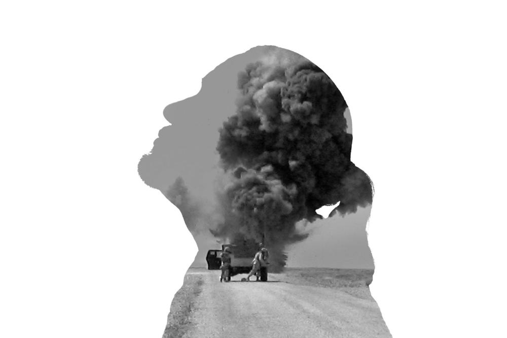 Combat veteran Nathan Maybee (Seneca) faces his trauma and PTSD through photography. Above, Maybee's silhouette is layered with a video still he made in Iraq. 