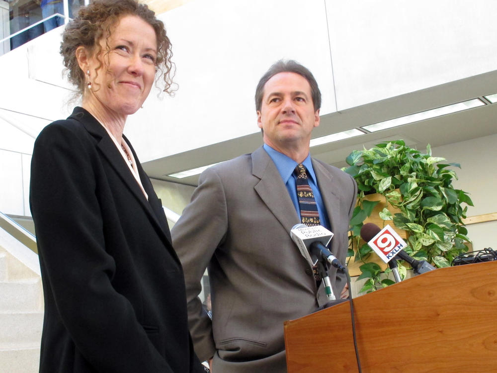 Tracy Stone-Manning (left) was named in 2012 by Gov.-elect Steve Bullock to run the Montana Department of Environmental Quality, in Helena, Mont. Stone-Manning has been nominated by President Joe Biden to lead an agency that oversees about a quarter-billion acres of public lands in western states.
