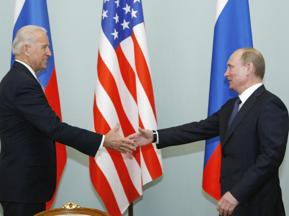 Joe Biden and Vladimir Putin, seen here in 2011 when the U.S. president was vice president and his Russian counterpart was prime minister, are scheduled to meet June 16 in Geneva.