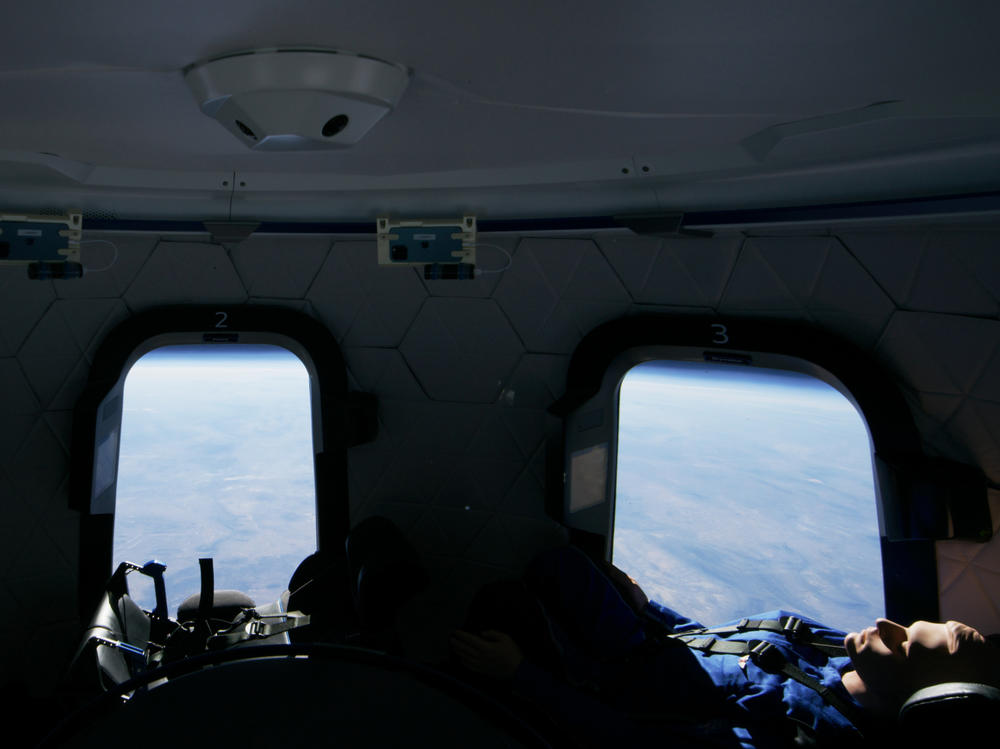 A test dummy rides on board the New Shepard crew capsule in January.