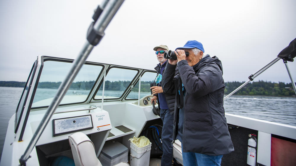 Naturalist Jill Hein (r) and her husband Clarence scan the horizon looking for signs of gray whales feeding in the shallows between Whidbey and Camano Islands in North Puget Sound