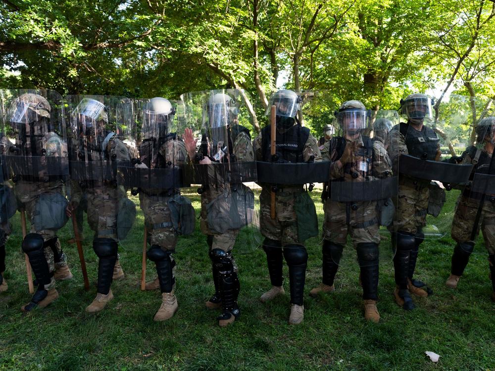 National Guard soldiers protect a park during protests near the White House on June 1, 2020.