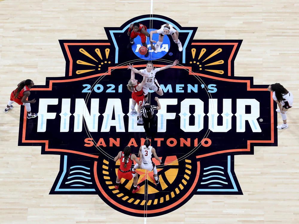 Cameron Brink #22 of the Stanford Cardinal and Cate Reese #25 of the Arizona Wildcats fight for the opening tipoff during the National Championship game of the 2021 NCAA Women's Basketball Tournament at the Alamodome on April 4 in San Antonio, Texas. The Stanford Cardinal defeated the Arizona Wildcats 54-53 to win the national title.