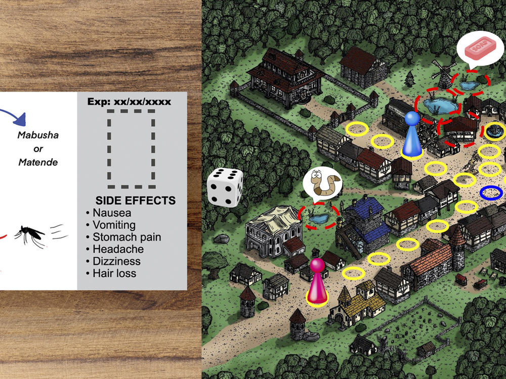 Students around the world were challenged to fight disease rumors in a 24-hour hackathon. From left: A proposed pill package featuring a Tanzanian comic character, designed by a team from Boston University. A board game to help teach kids about schistosomiasis created by students from Sharif University of Technology in Tehran, Iran, and the Complexity Science Hub in Vienna.