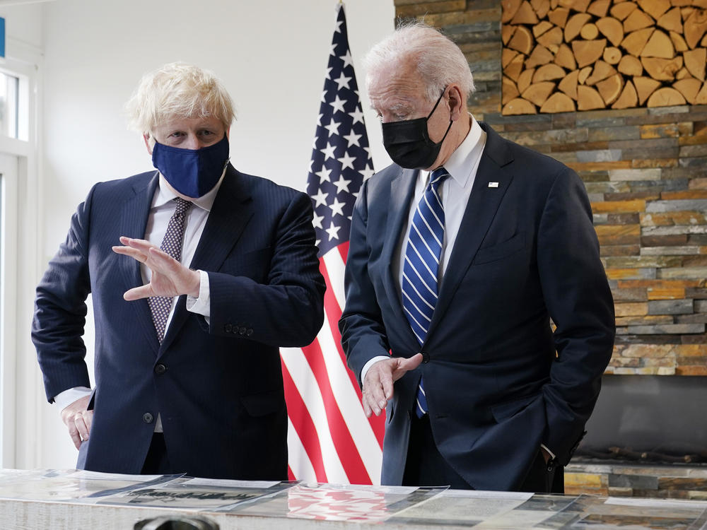 President Biden and British Prime Minister Boris Johnson speak during a bilateral meeting ahead of the G-7 summit on Thursday in Carbis Bay, England.