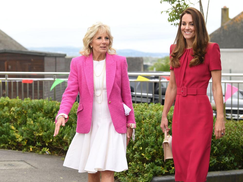 First lady Jill Biden and Britain's Catherine, Duchess of Cambridge, visit Connor Downs Academy in Hayle, England, on the sidelines of the G-7 summit Friday.