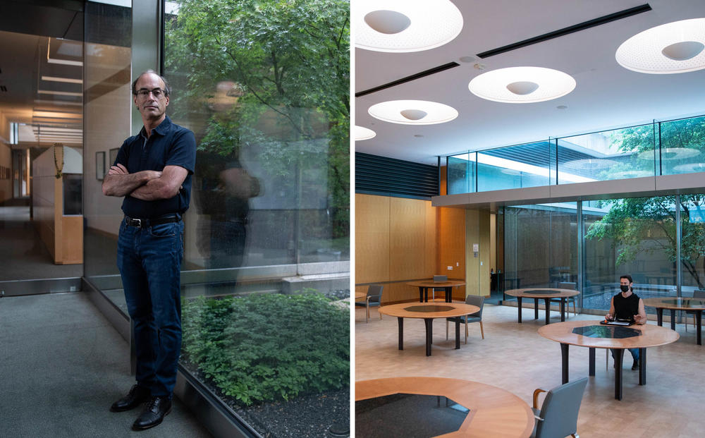 <strong>Left</strong>: Ron Vale, executive director of the Janelia Research Campus, hopes to have all employees back in the building by late September. <strong>Right</strong>: An employee eats lunch alone at a table that in pre-pandemic times seated eight.