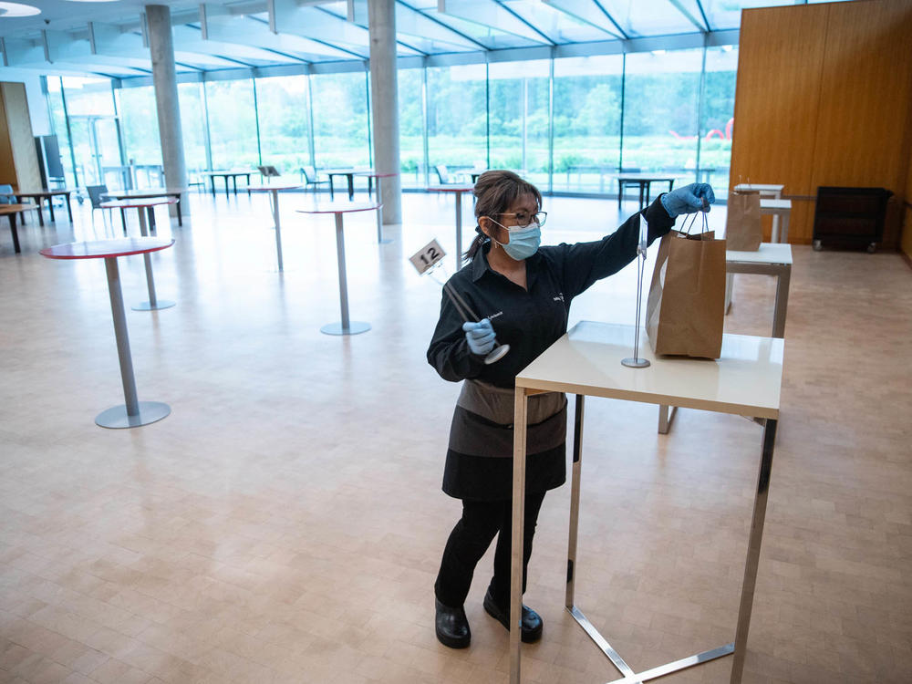Janelia's cafeteria, which was noisy and crowded in pre-pandemic times, now operates a contactless takeout system.