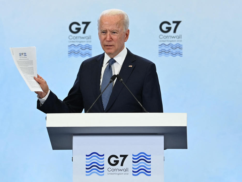 President Biden talks to reporters after the G-7 summit in Cornwall. Leaders took a notably strong stance on China in their final agreement.