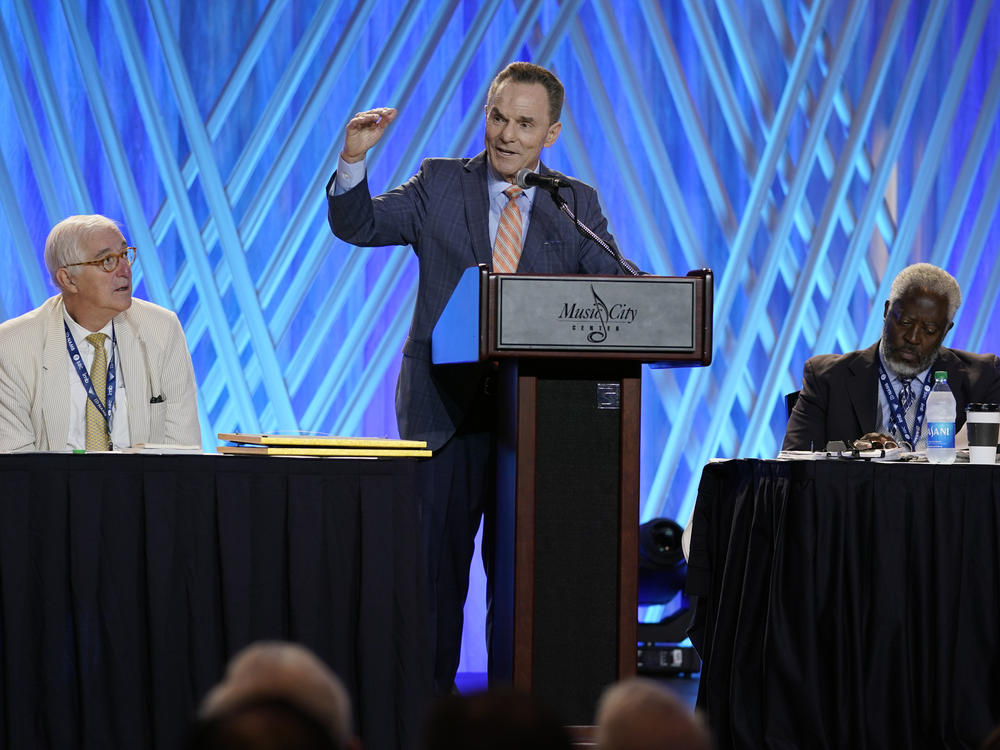 Ronnie Floyd (center), president and CEO of the Southern Baptist Convention's executive committee, speaks Monday at the denomination's annual meeting in Nashville.