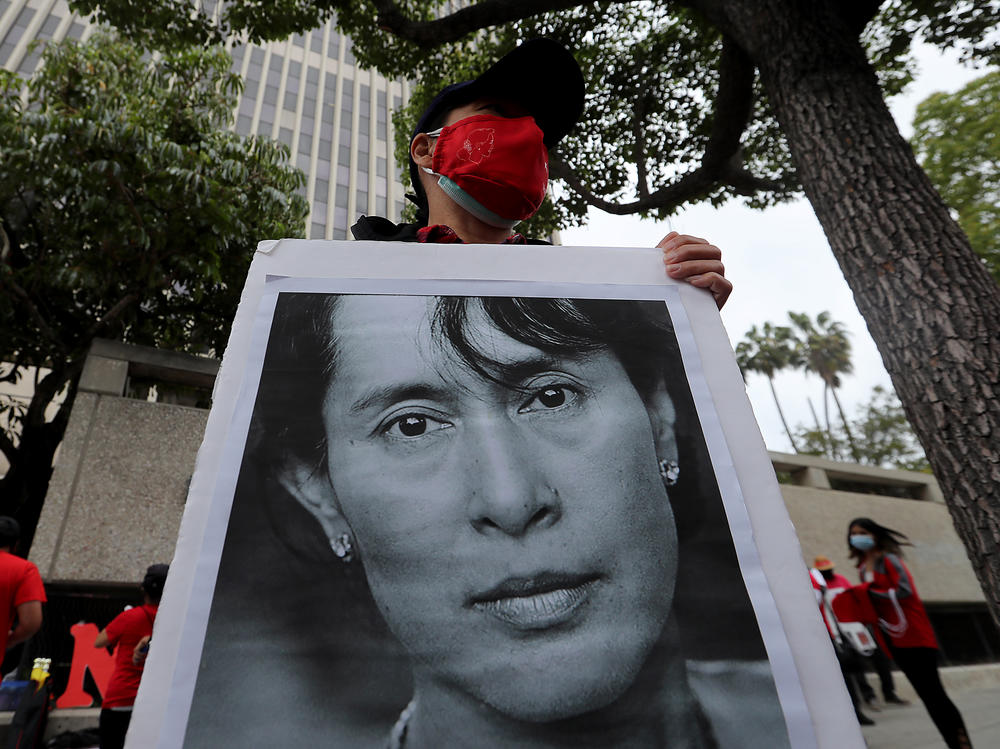 Members of the Burmese-American community hold a demonstration outside the Office of the Consulate General of Myanmar in Los Angeles in April.