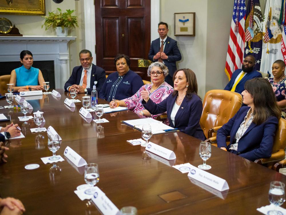 Vice President Harris speaks during a meeting with Democratic Texas state lawmakers on Wednesday at the White House. Texas Democrats last month staged a dramatic walkout to block a voting bill in their state.