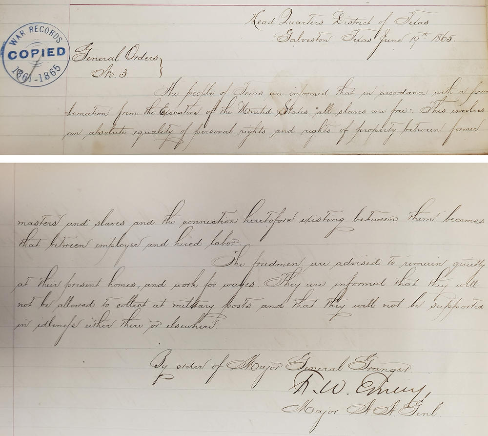 General Order 3. This June 19, 1865, order represents the Federal Government's final execution and fulfillment of the terms of the Emancipation Proclamation. The people to whom this order was addressed were the last group of Americans to be informed that all formerly enslaved persons were now free. The effects of this order would later be celebrated as the Juneteenth holiday.
