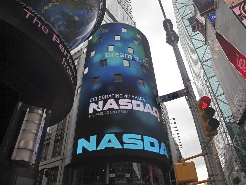 Nasdaq became the first electronic stock market in 1971. Here, Nasdaq's iconic curved, seven-story video billboard is seen.
