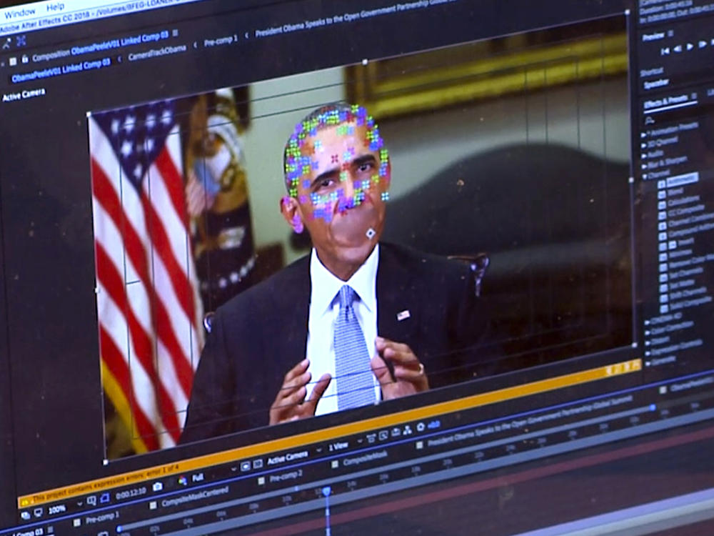 This image made from video of a fake video featuring former President Barack Obama shows elements of facial mapping used for deepfakes that lets anyone make videos of real people appearing to say things they've never said.