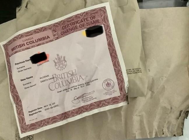 Bilozaze's Change of Name Certificate from the Land Title and Survey Authority of British Columbia arrived burnt and crumpled in the mail, rendering it void, she said.