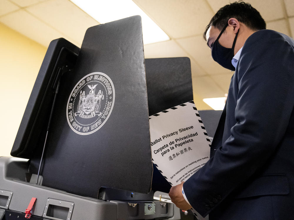 New York City Democratic mayoral candidate Andrew Yang prepares to cast his ballot at an early voting site last week. The election provides America's biggest-yet test for ranked-choice voting.