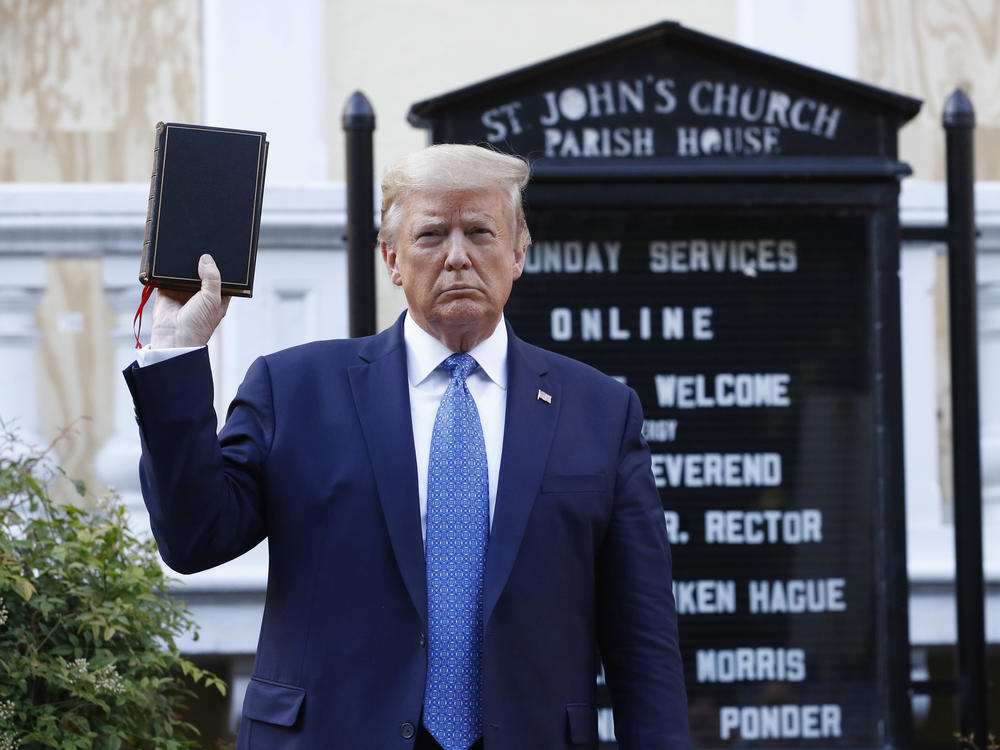 Then-President Donald Trump holds a Bible outside St. John's Church across from Lafayette Square near the White House on June 1, 2020.