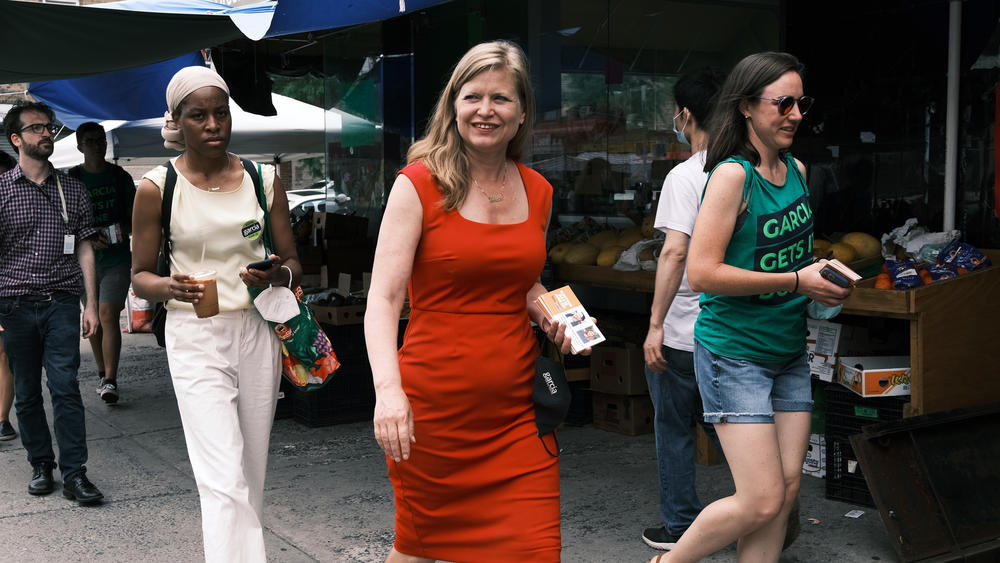 New York City mayoral candidate Kathryn Garcia campaigns in the Sunset Park neighborhood of Brooklyn on the day before the Democratic primary. Recent polls show Garcia as one of the leaders in the Democratic field.