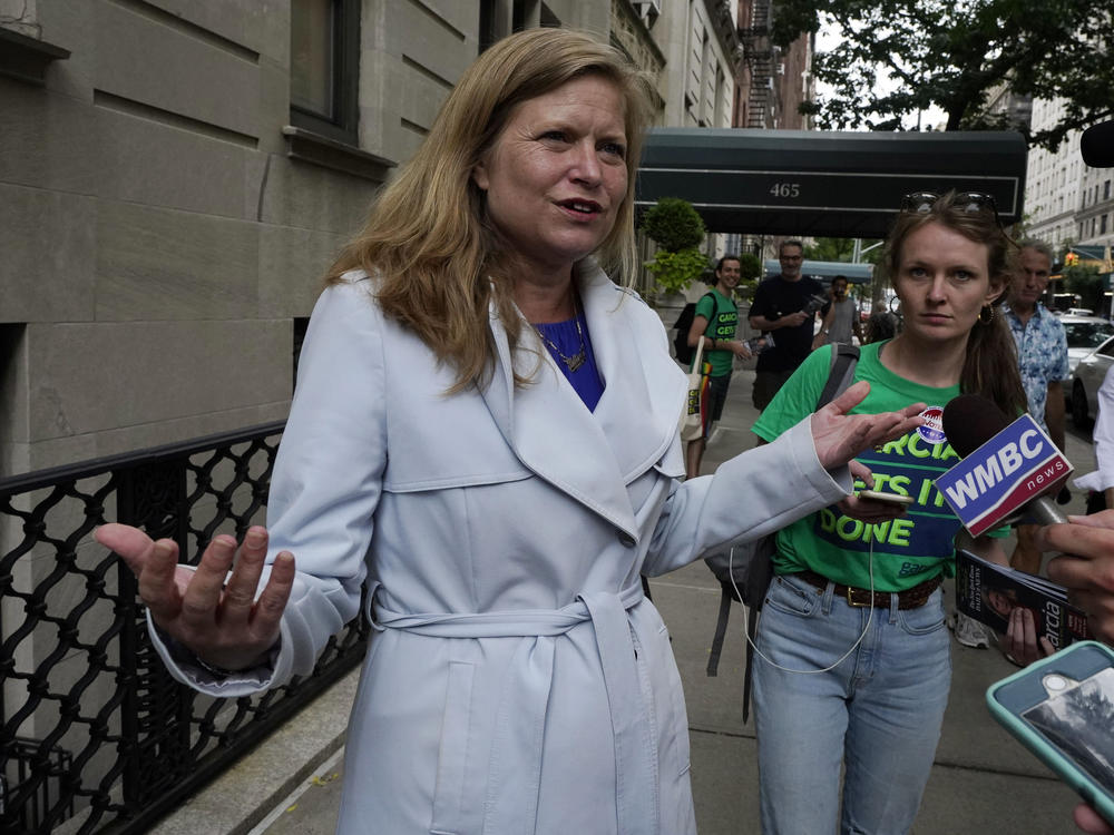 Democratic mayoral candidate Kathryn Garcia talks with the media Tuesday on New York's Upper West Side.