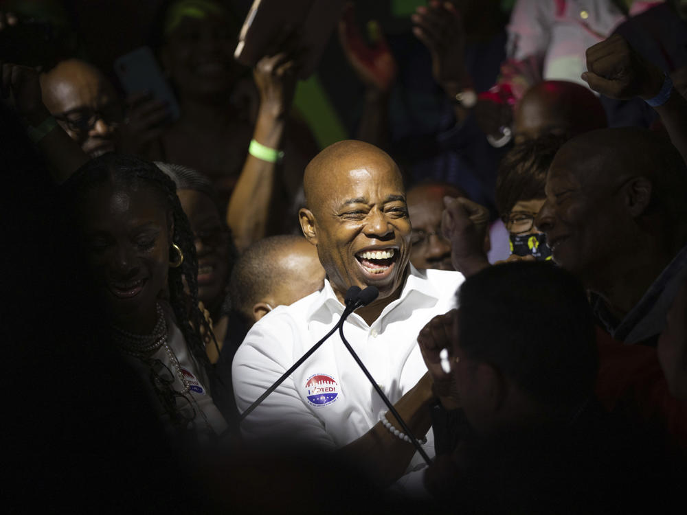 Democratic mayoral candidate Eric Adams mingles with supporters during his election night party Tuesday in New York City.