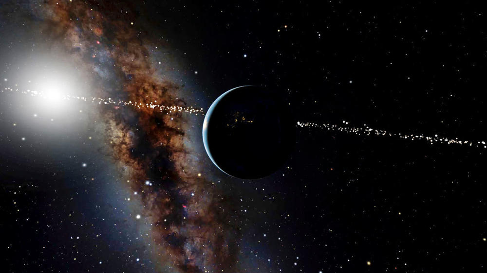 An illustrated view of the Earth moving around our sun, and the stars that have the right vantage point to view that transit — if anyone's out there looking.