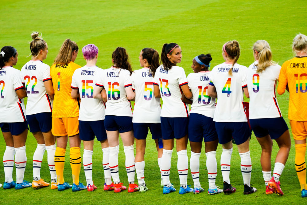 Members of the USWNT team show their support for the LBGTQ community prior before playing Portugal in Houston on June 10.