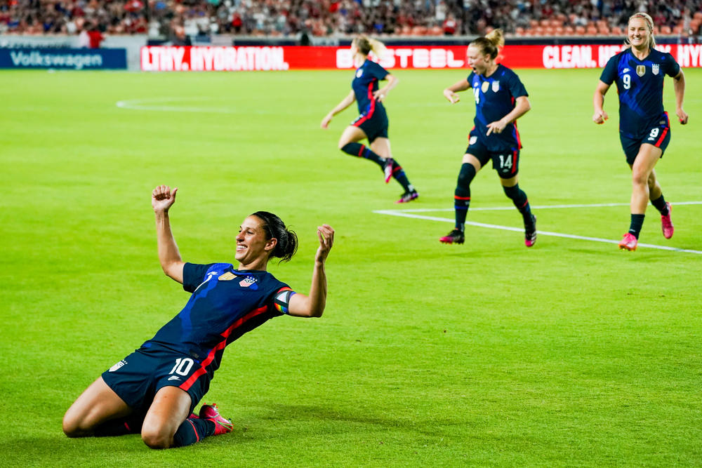 Carli Lloyd celebrates scoring a goal during a friendly match between Jamaica and the U.S. earlier this month in Houston. Lloyd is headed to her fourth Olympic Games.