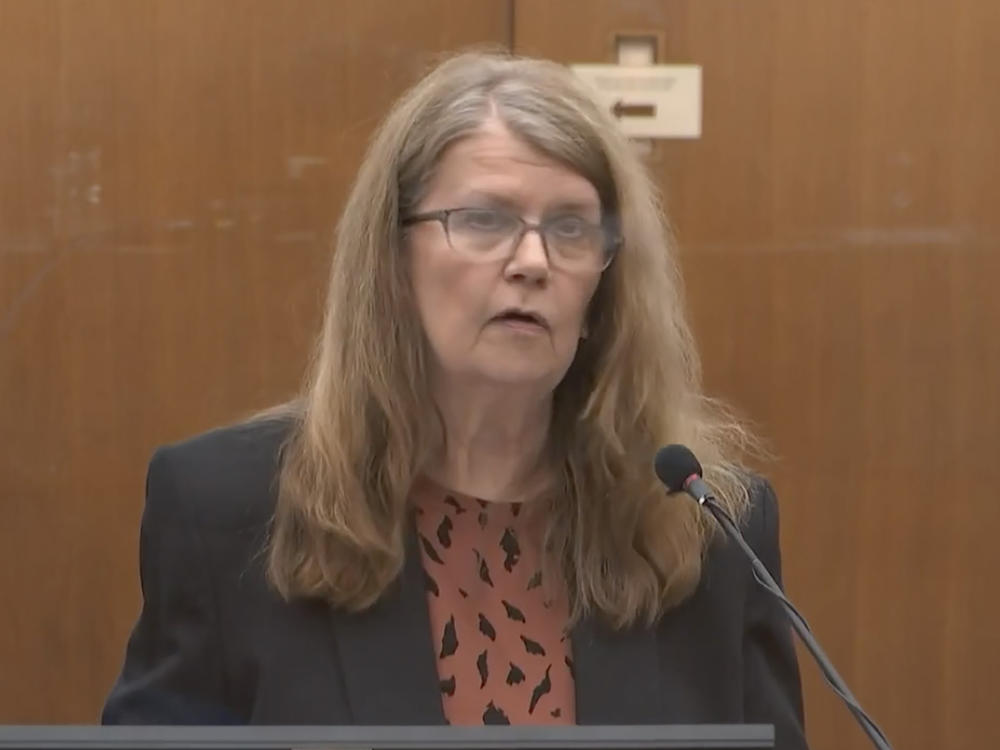Carolyn Pawlenty, the mother of former Minneapolis police officer Derek Chauvin, speaks in court Friday on her son's behalf. She asked Judge Peter Cahill to be lenient in sentencing her son.