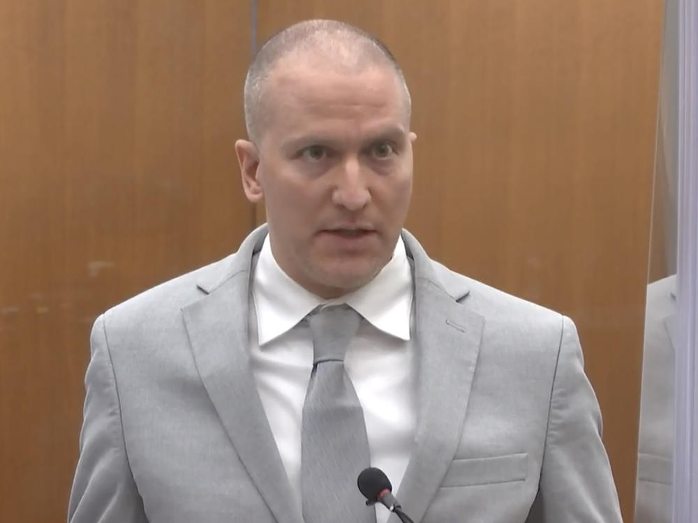 Former Minneapolis police officer Derek Chauvin addresses the court Friday at his sentencing hearing. He was sentenced to 22 1/2 years in prison for the murder of George Floyd.
