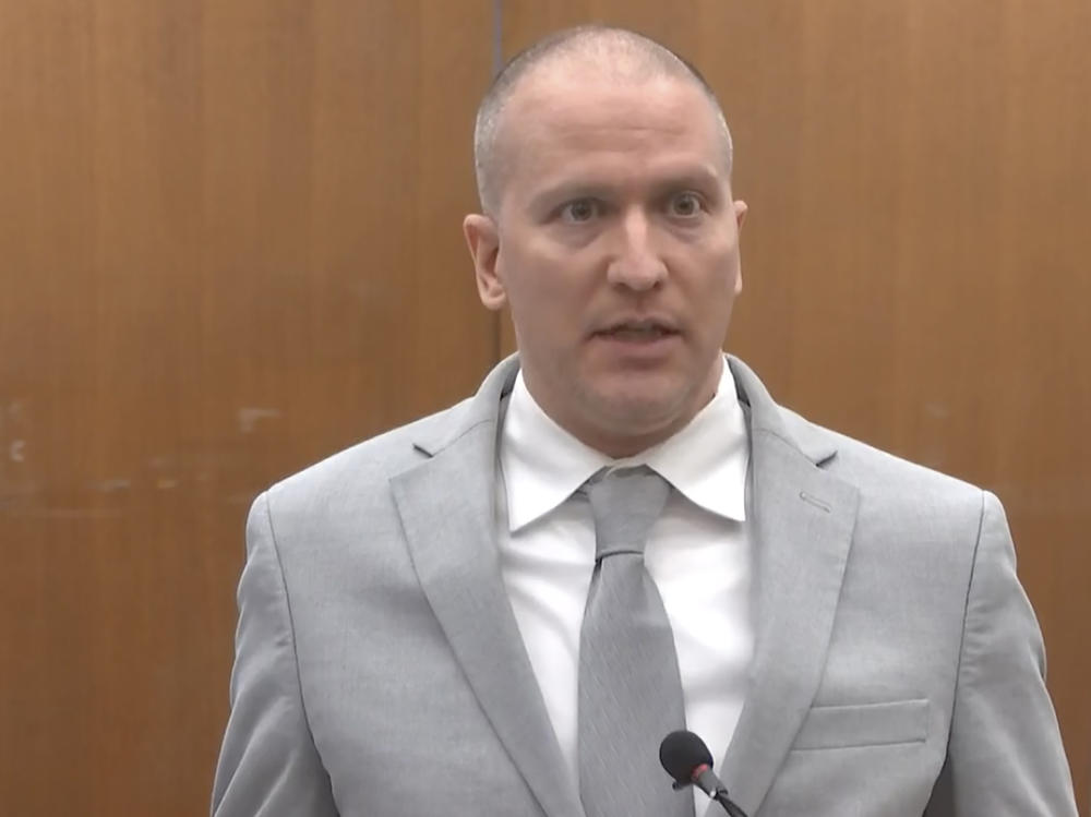 Former Minneapolis police Officer Derek Chauvin addresses the court Friday as Judge Peter Cahill presides over his sentencing at the Hennepin County Courthouse in Minneapolis.