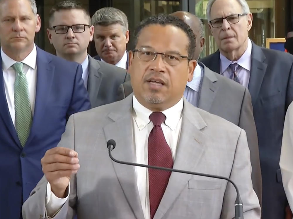 Minnesota Attorney General Keith Ellison speaks with reporters Friday at the Hennepin County Courthouse in Minneapolis, where former police officer Derek Chauvin was sentenced.