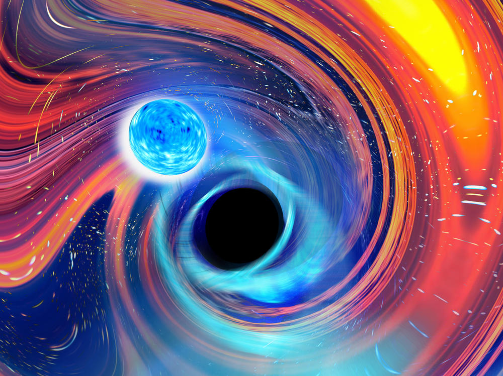 An artistic image of what happens when a monstrous black hole collides with — and gulps down — a neutron star the size of a large city.
