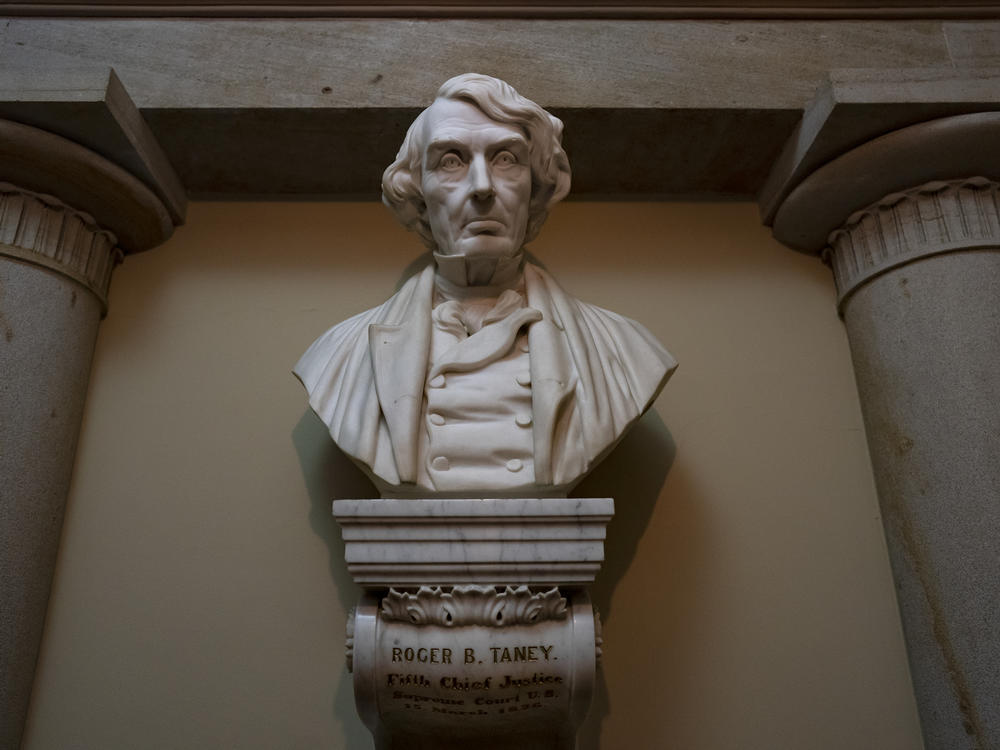 This file photo shows the marble bust of Chief Justice Roger Taney that is currently displayed in the Old Supreme Court Chamber in the U.S. Capitol. The House voted Tuesday on a bill that would remove the bust from public display.