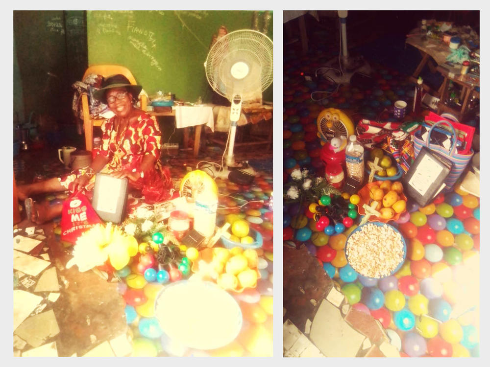 Items pictured: Oranges, bananas, haricot beans, peanuts, grapefruit, mangoes, flour, sugarcane, Bible, cross, African fabrics, flowers, a fan.
