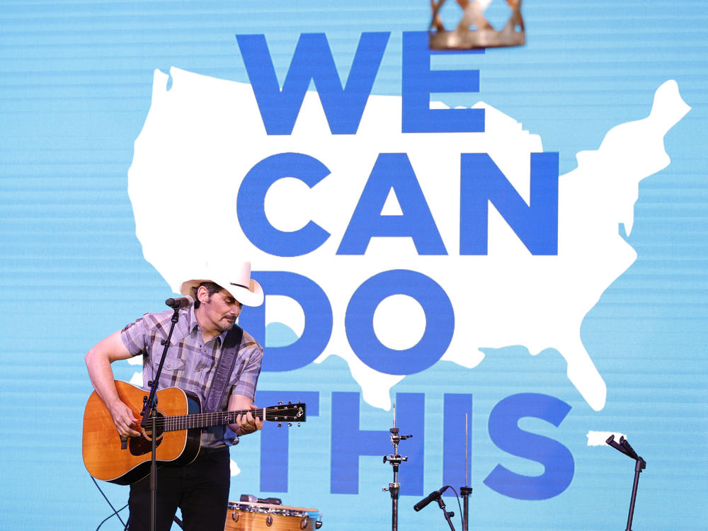 Country star Brad Paisley performs at a vaccination site in Nashville, Tenn.