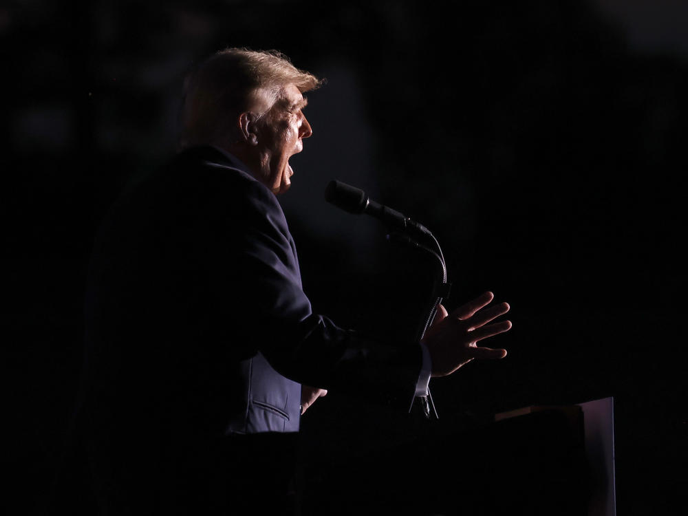 Former President Trump speaks during a rally in Ohio on June 26. Trump has latched onto stories published by <em>The Georgia Star News </em>that falsely suggest his defeat in that state last November was due to improper ballots.