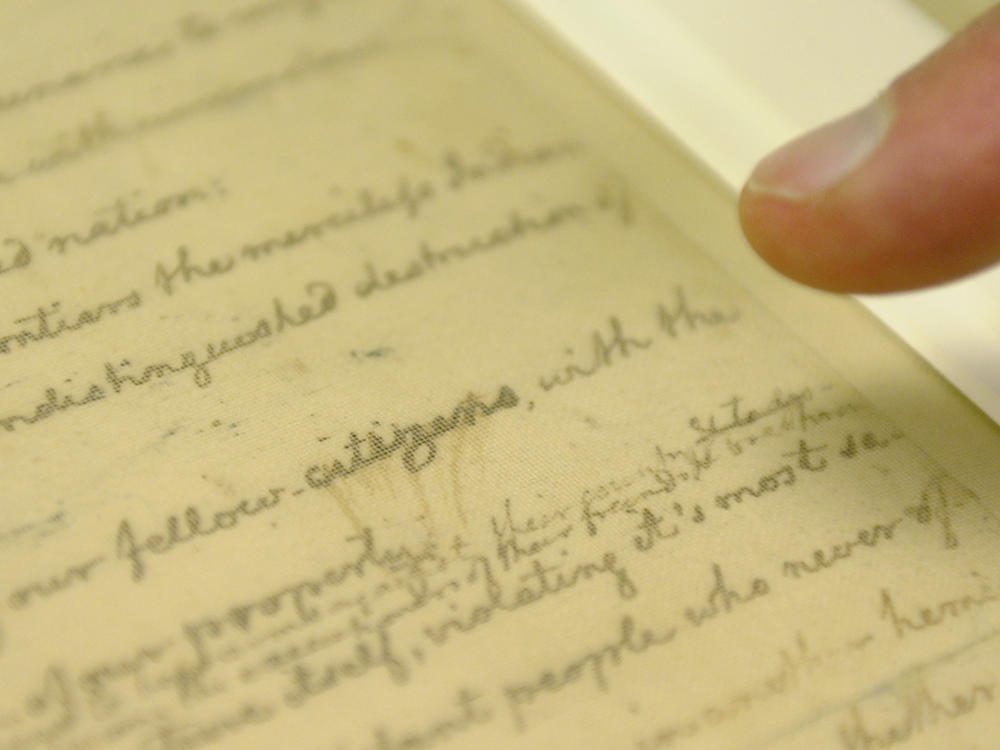 Librarian of Congress James Billington points to a correction in the rough draft of the Declaration of Independence written by Thomas Jefferson, on July 2, 2010, at the Library of Congress in Washington. Imaging of the document confirmed that Jefferson originally wrote 