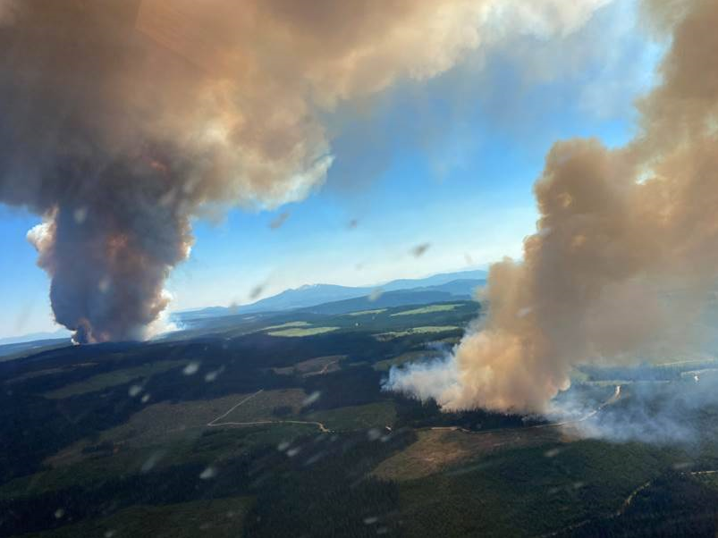 The British Columbia Wildfire Service is responding to multiple fires in the province this week. Two wildfires pictured here, the Long Loch wildfire and the Derickson Lake wildfire, are in close proximity and estimated to be 740 acres combined in size.