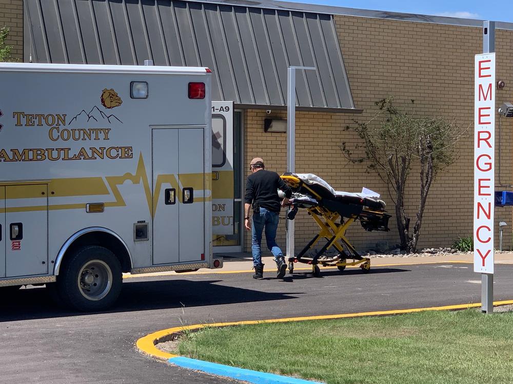 A Teton County emergency medical services volunteer outside the Benefis Teton Medical Center in Choteau, Mont.