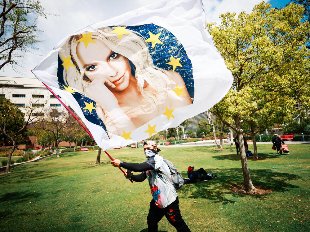 A #FreeBritney activist protests against keeping her in a conservatorship earlier this year in Los Angeles.