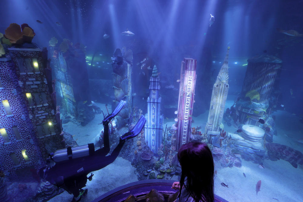 A young girl interacts with an employee maintaining one of tanks at New Jersey SEA LIFE Aquarium inside the American Dream mall in East Rutherford.