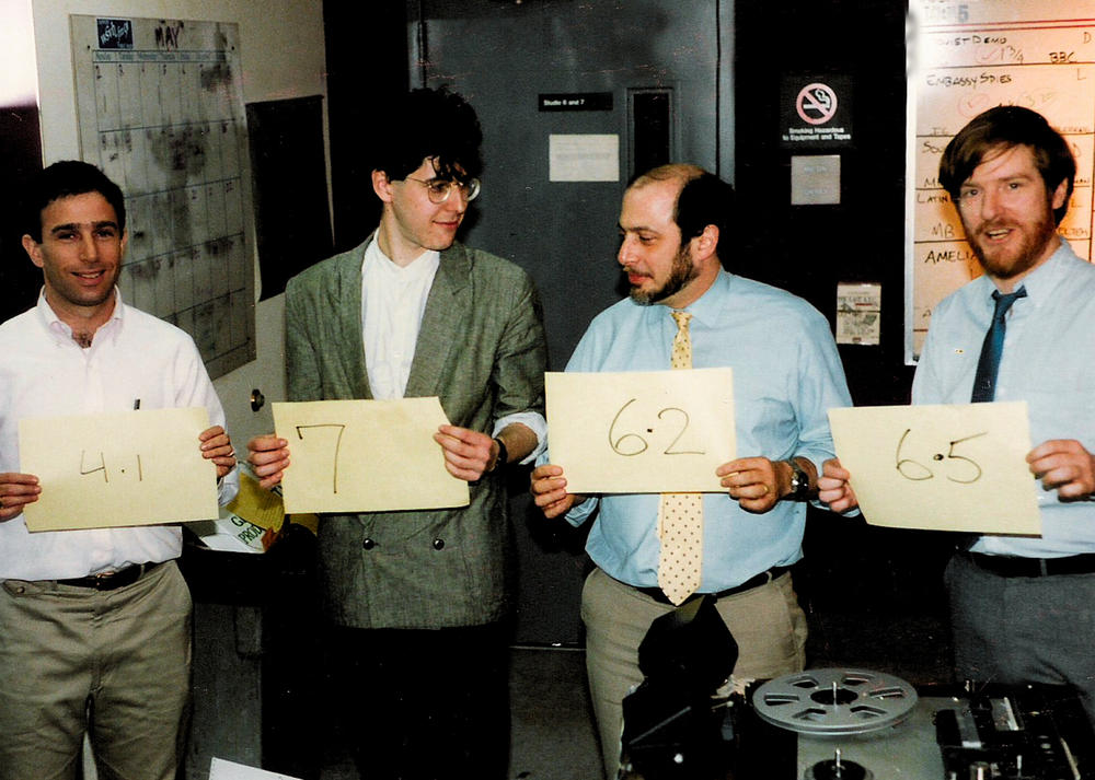 NPR's Richard L. Harris (from left), Ira Glass, Robert Siegel and Neal Conan are pictured in a light moment in 1986.