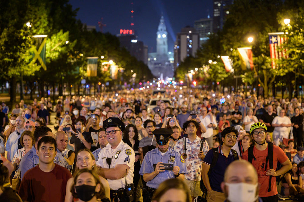 Spectators watch the annual Independence Day fireworks display outside the Philadelphia Museum of Art in Philadelphia.